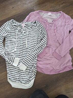 Maternity Lace-Up Long Sleeve Tops - Pink & Black/White Stripes